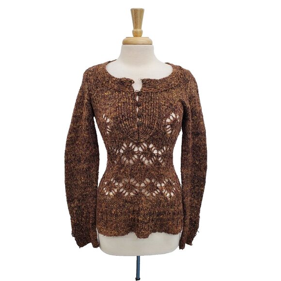 BKE Brown Marled Knit Sweater L 1/4 Button Up Long Sleeve Open Weave Boho - Picture 2 of 16